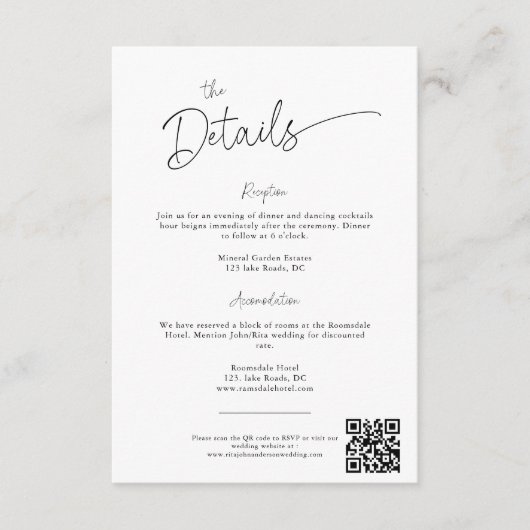 Moderne minimalistische script bruiloft details informatiekaartje (Voorkant)