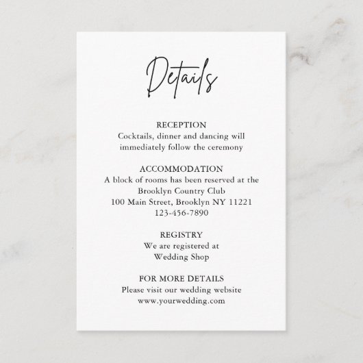 Moderne minimalistische script bruiloft details Ka Informatiekaartje (Voorkant)