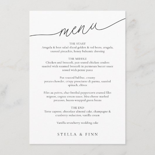 Moderne Minimalistische Script Bruiloft Menu (Voorkant)