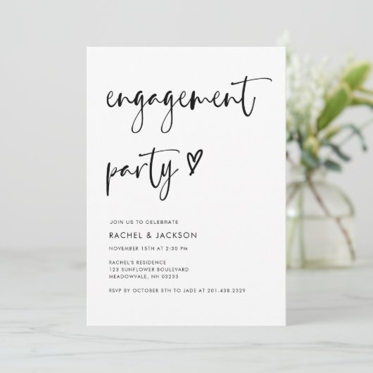 Moderne minimalistische Script Engagement Party Kaart (Staand voorkant)