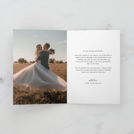 Moderne minimalistische script hart trouwfoto bedankkaart (Binnen)