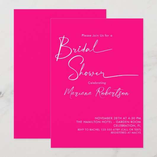 Moderne Minimalistische Script Helder Roze Bruidsf Kaart (Voorkant / Achterkant)