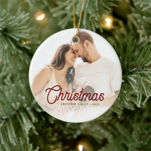 Moderne Minimalistische Script Kerst Familie Foto Keramisch Ornament