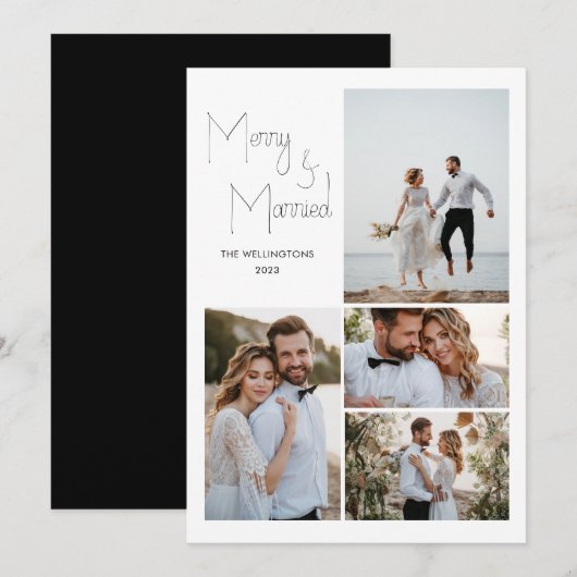 Moderne Minimalistische Script Multi Foto Huwelijk Feestdagenkaart (Voorkant / Achterkant)
