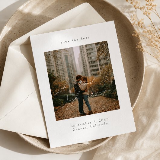 Moderne Minimalistische Script Over Foto Bruiloft Save The Date