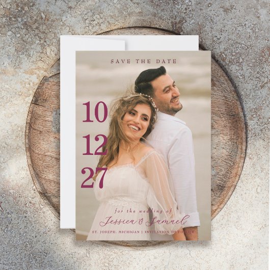 Moderne Minimalistische Script Plum Kleur Trouwfot Save The Date