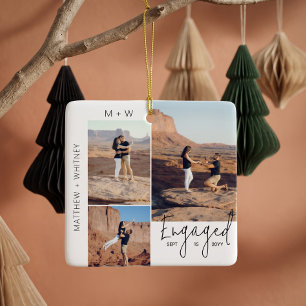 Moderne Minimalistische Script Verlovingsfotocolla Keramisch Ornament
