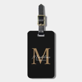 Moderne Minimalistische Script Zwart Gouden Monogr Bagagelabel
