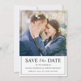 Moderne minimalistische script zwart-wit foto save the date