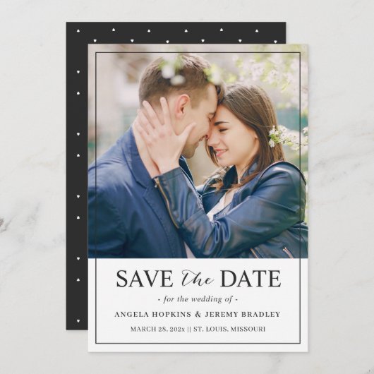 Moderne minimalistische script zwart-wit foto save the date (Voorkant / Achterkant)