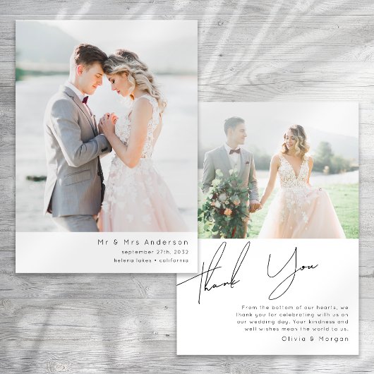 Moderne, minimalistische scriptbruiloft bedankkaart