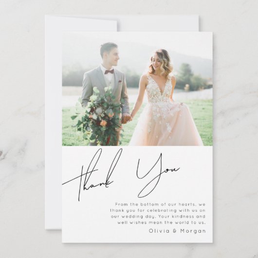 Moderne, minimalistische scriptbruiloft bedankkaart (Achterkant)