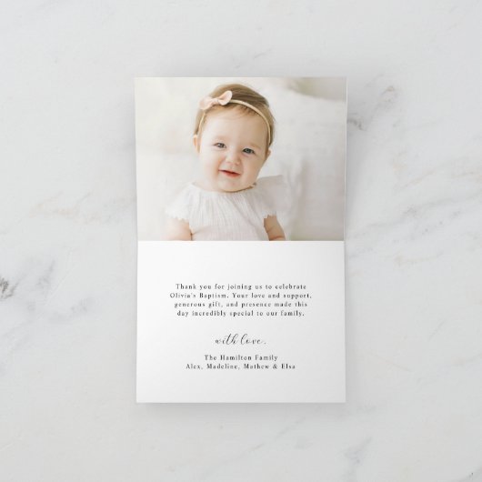 Moderne minimalistische scriptfotodoop bedankkaart (Binnen)