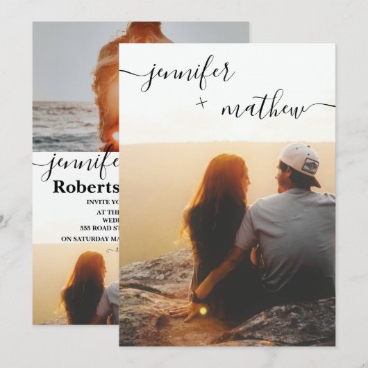 Moderne, minimalistische scriptfoto's bruiloft kaart (Voorkant / Achterkant)