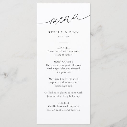 Moderne Minimalistische Scriptie Bruiloft Menu (Voorkant)