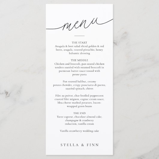 Moderne Minimalistische Scriptie Bruiloft Menu (Voorkant)
