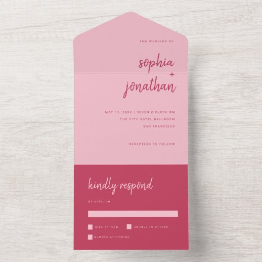 Moderne minimalistische scriptmagenta en roze brui all in one uitnodiging (Binnen)