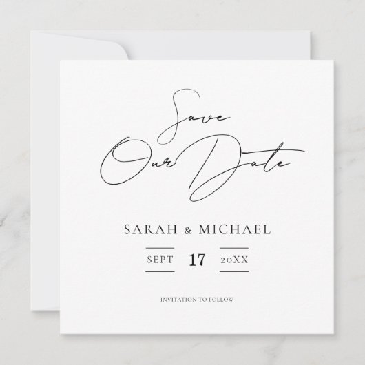 Moderne minimalistische scriptweduwen bewaren de d save the date (Voorkant)