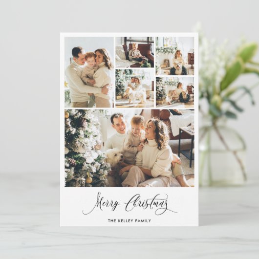 Moderne minimalistische Six Photo Collage Holiday  Feestdagenkaart (Staand voorkant)