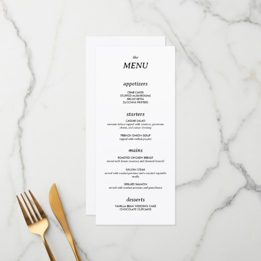 Moderne minimalistische slanke eenvoudige bruiloft menu (Voorkant / Achterkant in situ)