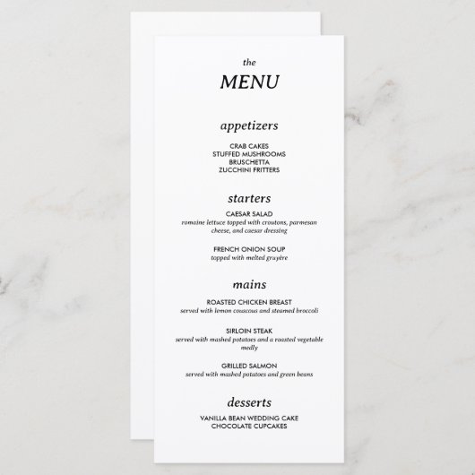 Moderne minimalistische slanke eenvoudige bruiloft menu (Voorkant / Achterkant)