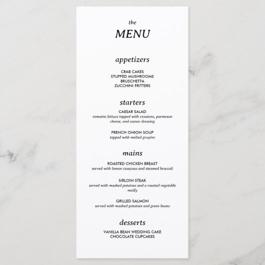 Moderne minimalistische slanke eenvoudige bruiloft menu (Voorkant)