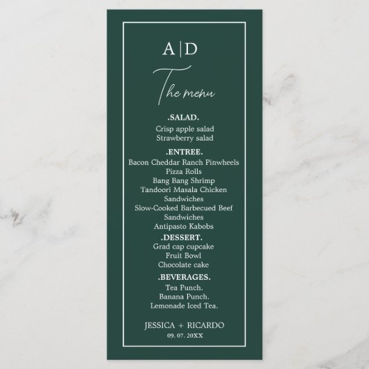 Moderne minimalistische smaragd groen monogram bru menu (Voorkant)