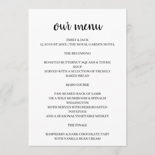 Moderne Minimalistische Stijlvolle Script Trouwont Menu (Voorkant)