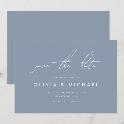 Moderne Minimalistische Stofblauwe Trouwkaart 'Sav Save The Date (Voorkant / Achterkant)