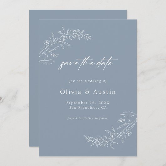 Moderne minimalistische stoffige blauwe bruiloft b kaart (Voorkant / Achterkant)