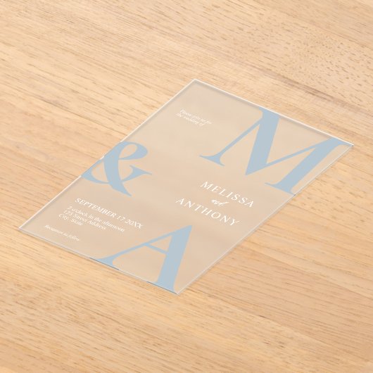 Moderne minimalistische stoffige blauwe en witte b acryl uitnodigingen (Laagn)