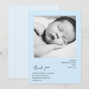Moderne Minimalistische Streep Baby Foto Blauwe Ge Bedankkaart