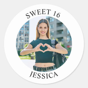 Moderne minimalistische Sweet 16 verjaardagsfoto Ronde Sticker