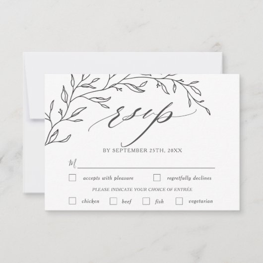 Moderne minimalistische tak blad bruiloft maaltijd RSVP kaartje (Voorkant)