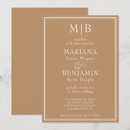 Moderne Minimalistische Tane Beige Bruiloft Kaart (Voorkant / Achterkant)