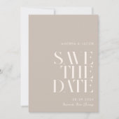 Moderne minimalistische taupe beige chique bruilof save the date (Voorkant)