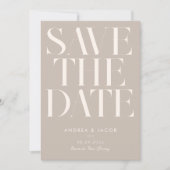 Moderne minimalistische taupe beige chique bruilof save the date (Voorkant)