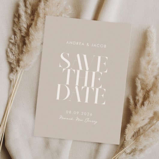 Moderne minimalistische taupe beige chique bruilof save the date