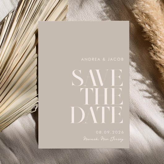 Moderne minimalistische taupe beige chique bruilof save the date