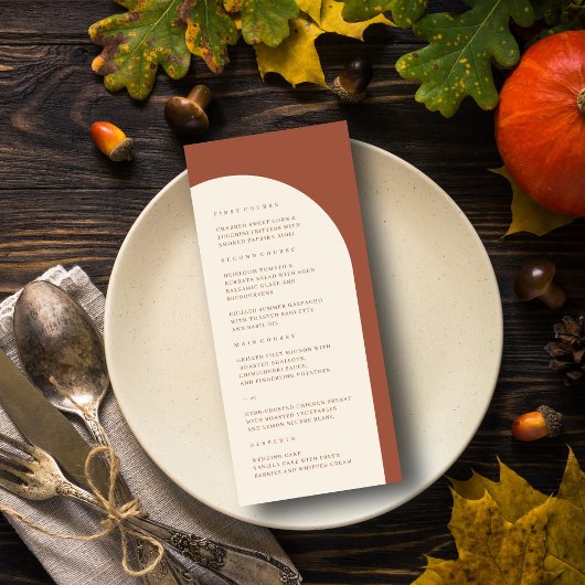 Moderne minimalistische terracotta boog bruiloft m menu