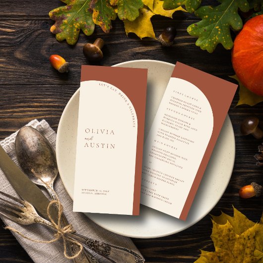 Moderne minimalistische terracotta boog bruiloft m menu