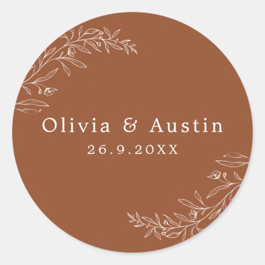 Moderne minimalistische terracotta bruiloft envelo ronde sticker (Voorkant)