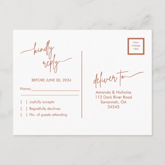 Moderne minimalistische terracotta witte bruiloft briefkaart (Achterkant)