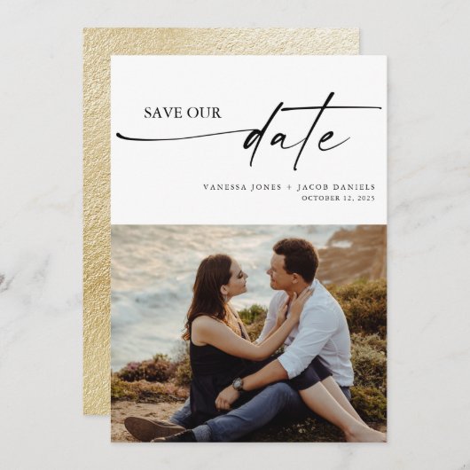Moderne, minimalistische Thin Script Weddenfoto Save The Date (Voorkant / Achterkant)