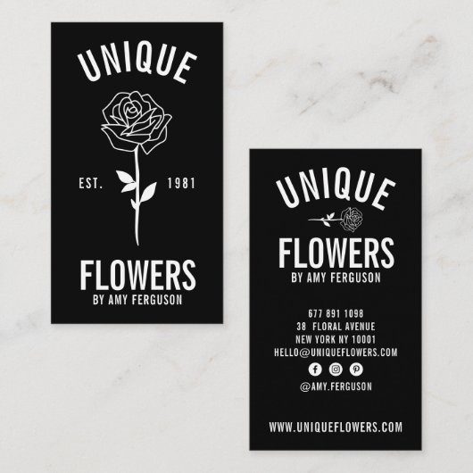 Moderne minimalistische trendy zwart wit roos visitekaartje (Voorkant / Achterkant)