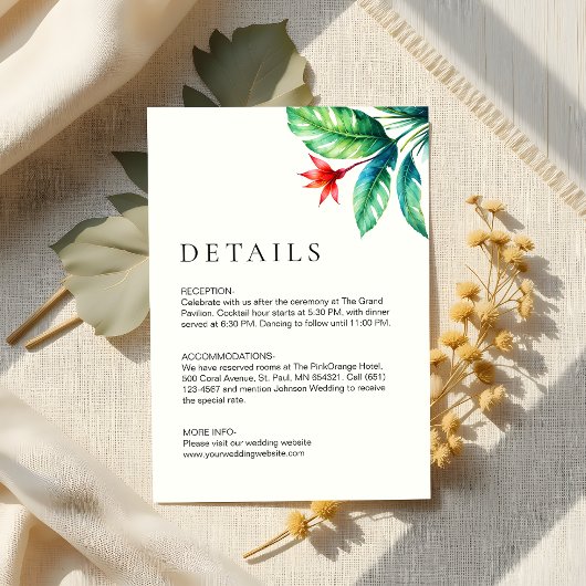 Moderne minimalistische tropische groen blad bruil informatiekaartje