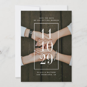 Moderne Minimalistische Trouw Grote Datum & Foto Save The Date