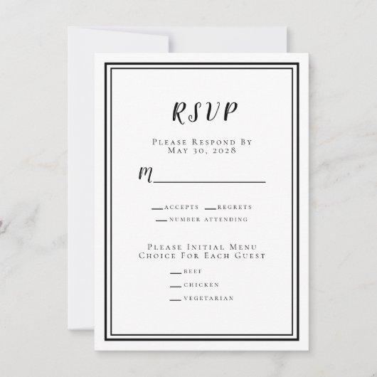 Moderne Minimalistische Trouw-RSVP Menu Zwart & Wi (Voorkant)