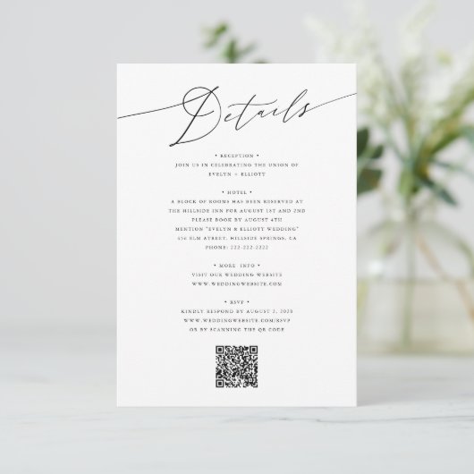 Moderne Minimalistische Trouwdetails Bijlagekaart Kaart (Staand voorkant)