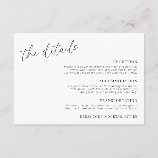 Moderne minimalistische trouwdetails horizontaal informatiekaartje (Voorkant)